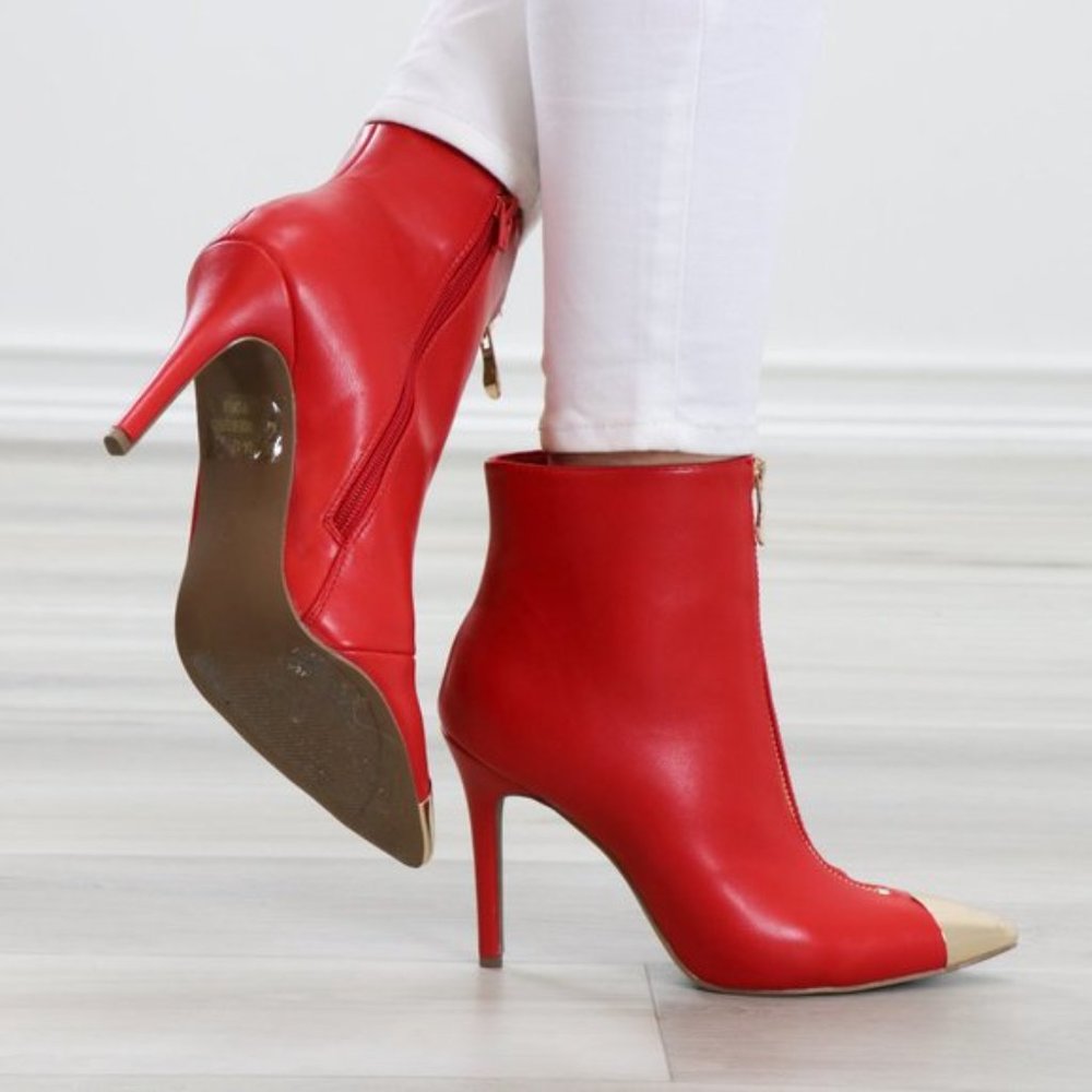 Ankle Red Boots Faux Leather Gold Pointy Toe - Picture 2 of 14